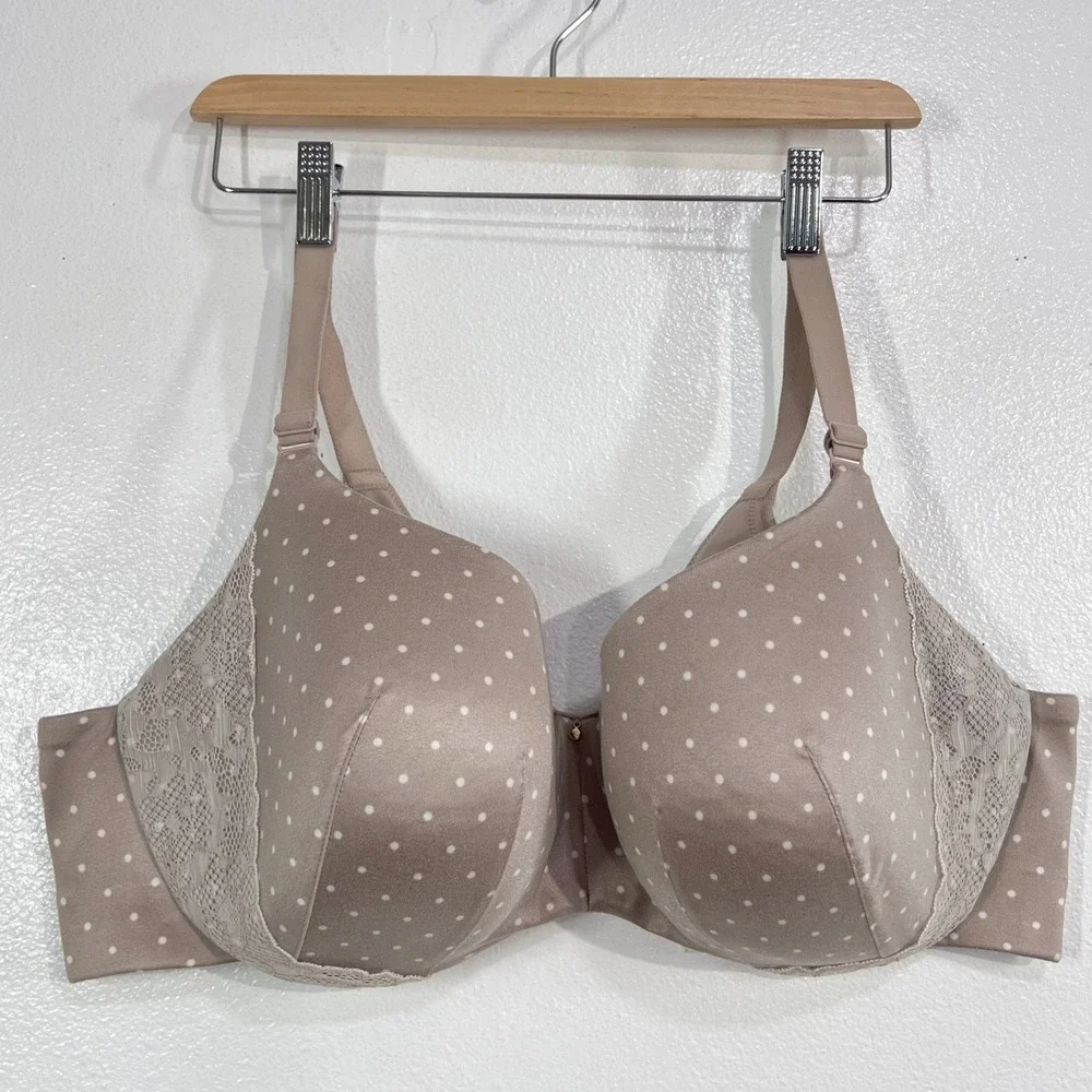 Cacique‎ Lane Bryant Smooth Boost Plunge Underwire Bra 46DD Taupe Polka Dot Lace